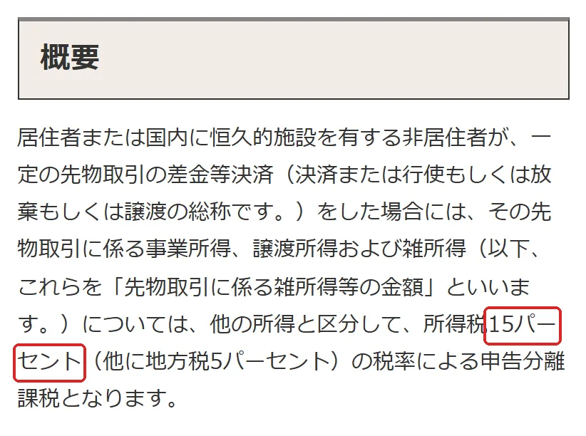 国税庁 タックスアンサー No.1522「先物取引に係る雑所得等の課税の特例」（令和8年4月1日現在法令等）の切り抜き。15の所を赤い枠で囲んでいます。
