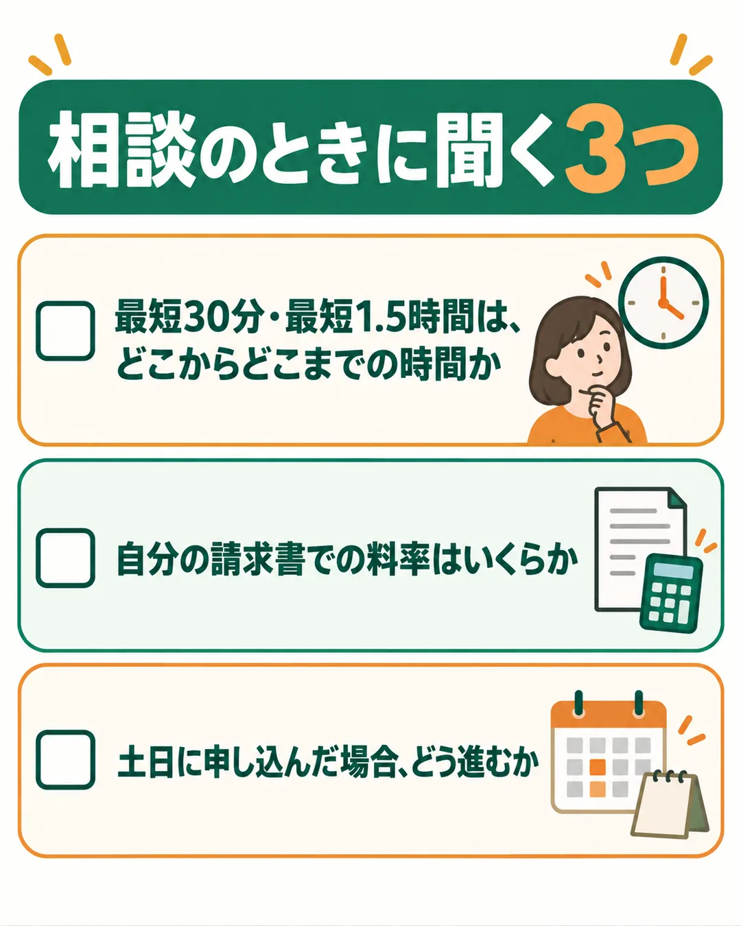 最短の時間の範囲、自分の請求書での料率、土日の進み方の3つを聞く確認リスト