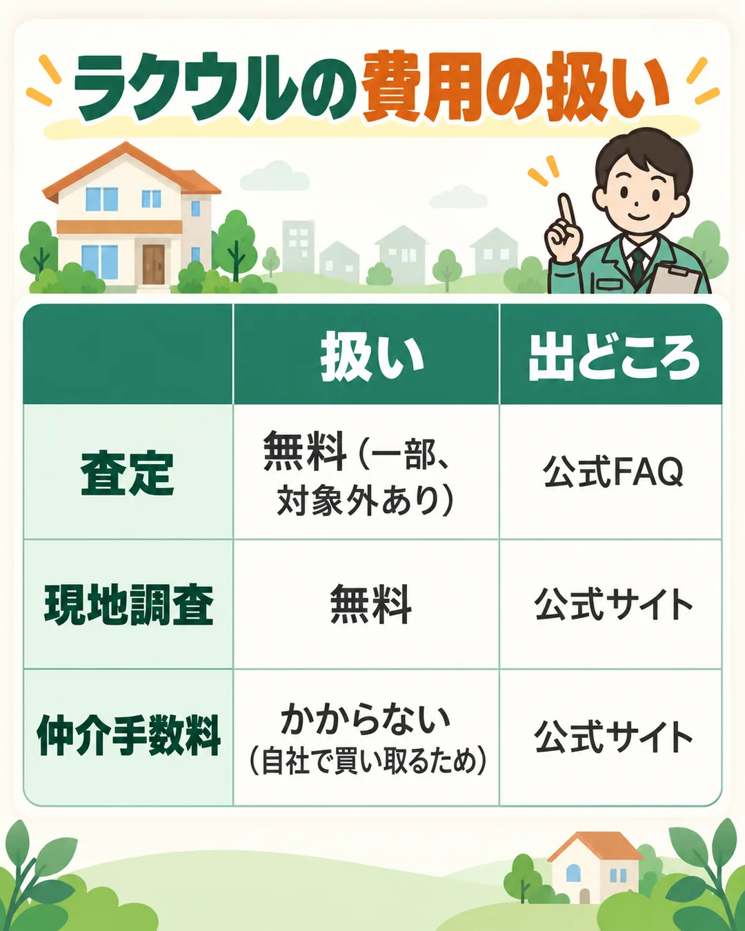 査定は無料で一部対象外あり、現地調査は無料、仲介手数料はかからないことを示す表