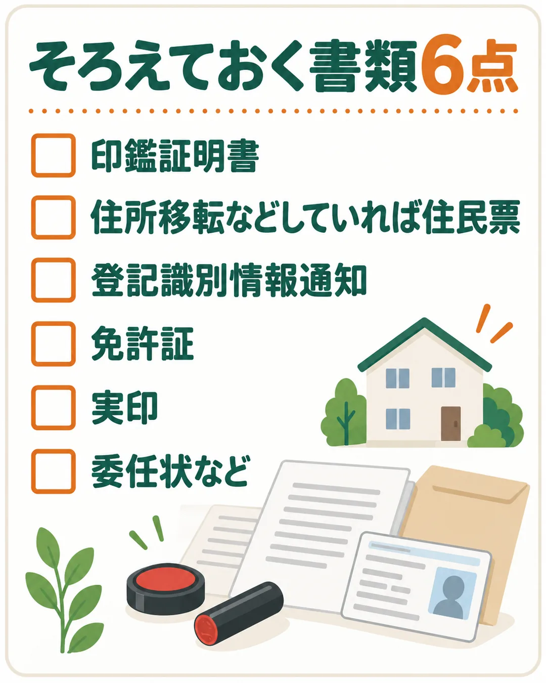 公式FAQにある必要書類6点を、手元にあるか確かめられるように並べたもの