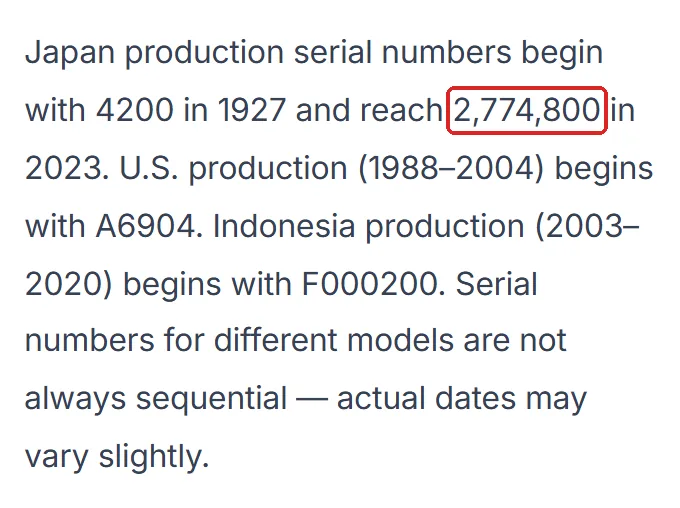 Kawai America Corporationの「Where is the serial number on my Kawai p」の切り抜き。2,774,800の所を赤い枠で囲んでいます。