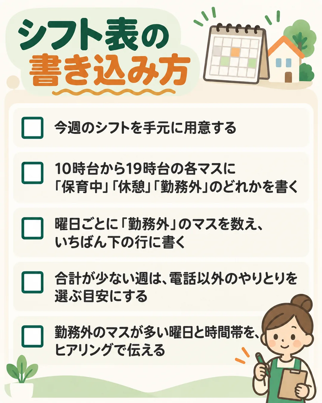 窓口の時間とシフトを重ねる表の書き込み方を5つ並べたリスト