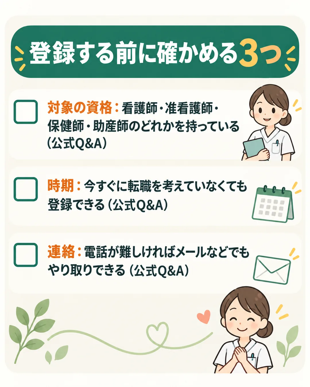 対象の資格、今すぐでなくてもよいか、電話以外の連絡の3点を公式Q&Aの文とともに並べた確認リスト