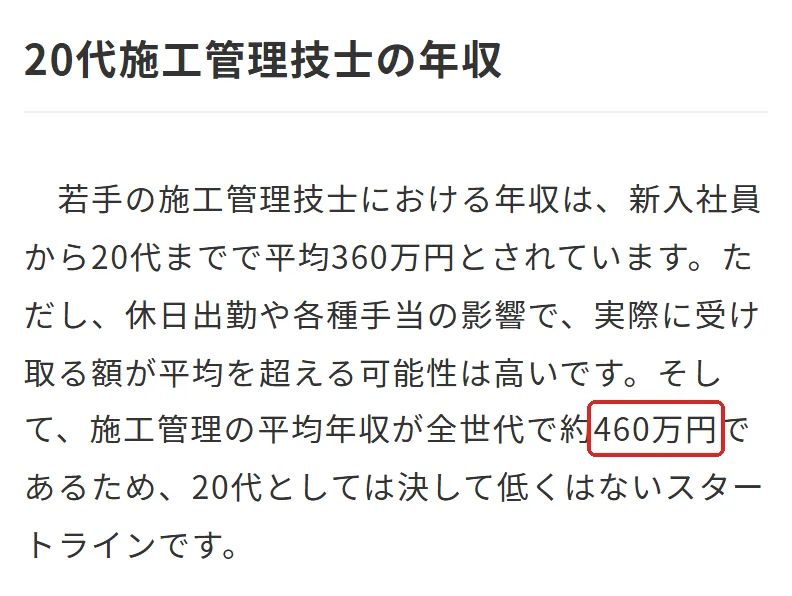 KOTORA「施工管理で年収1000万円を目指す方法」の「20代施工管理技士の年収」の切り抜き。460万の所を赤い枠で囲んでいます。
