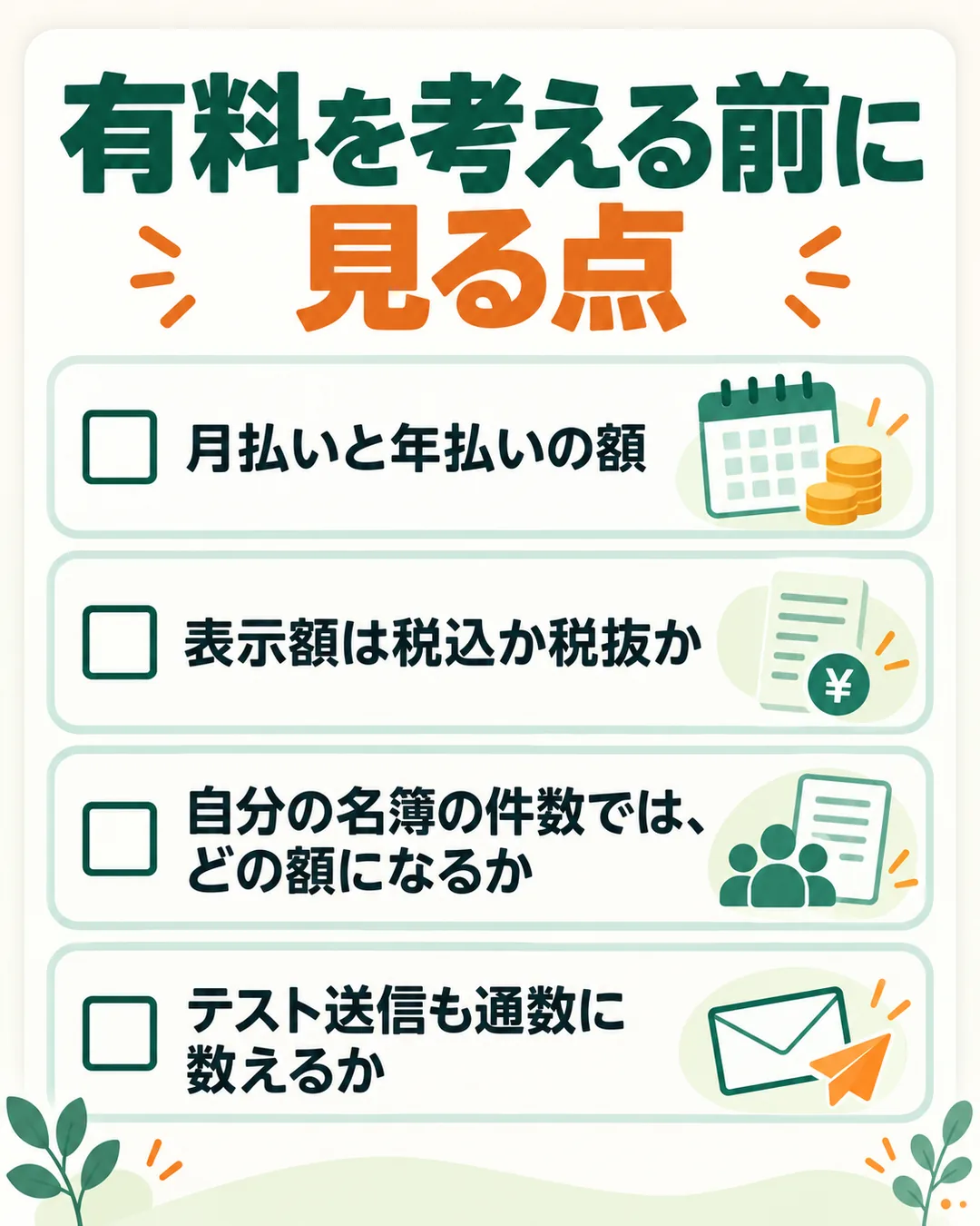 有料プランを考える前に料金ページで見る4つの点を並べたチェックリスト