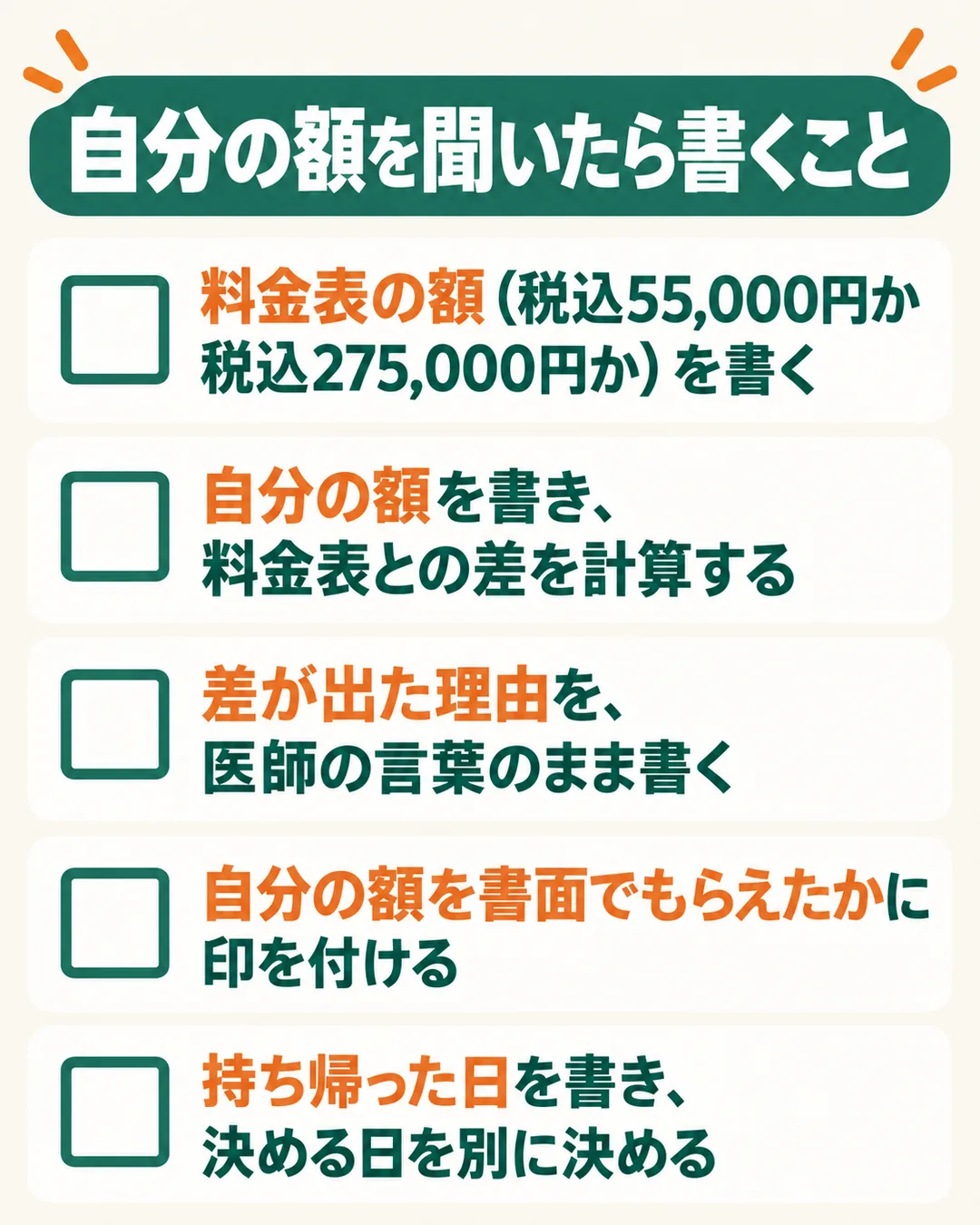 自分の額を聞いたときに表へ書き写す5つの項目のリスト