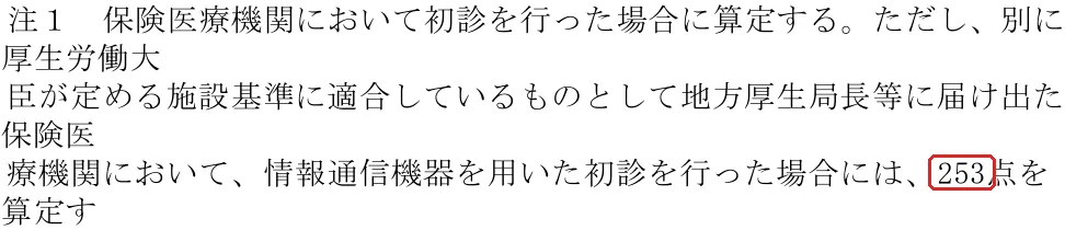 厚生労働省「令和8年度 医科診療報酬点数表(告示第69号)」の「第1部 初・再診料」の切り抜き。253の所を赤い枠で囲んでいます。