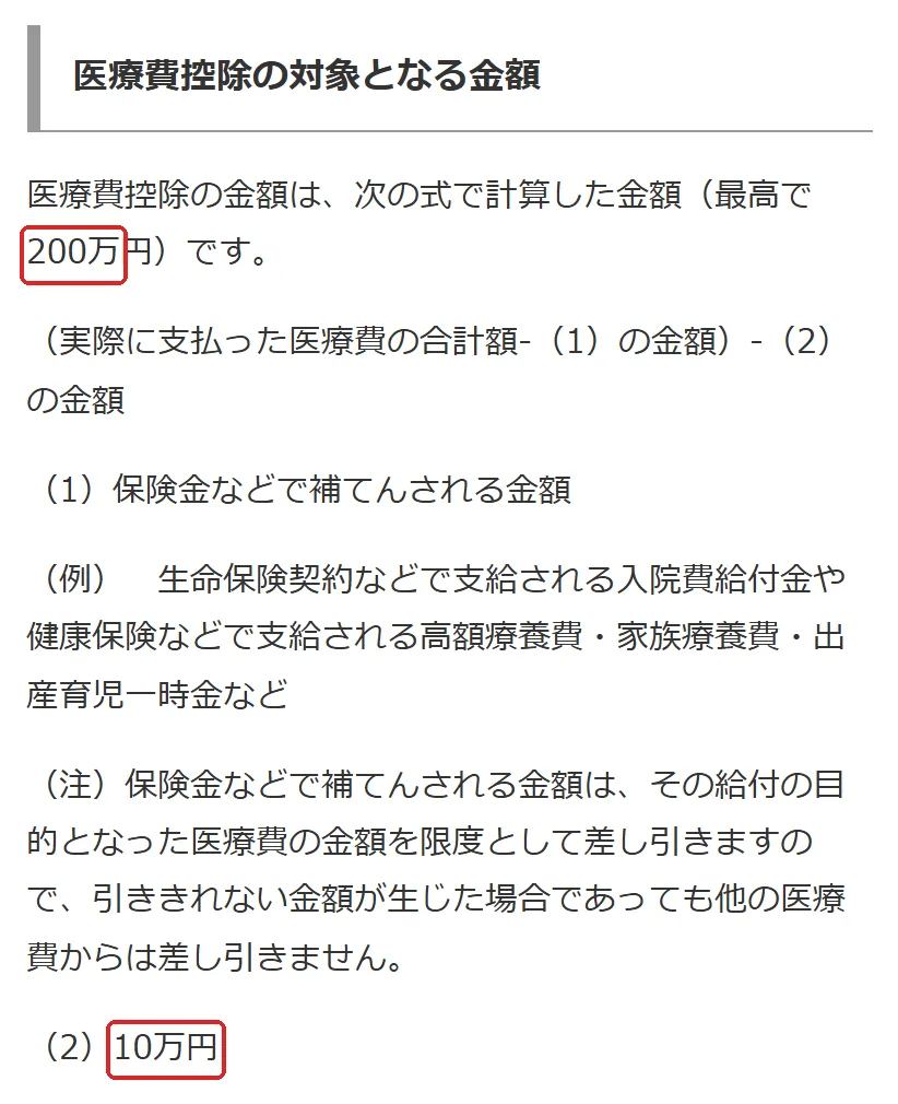 国税庁「No.1120 医療費を支払ったとき」の「医療費控除の対象となる金額」の切り抜き。10万と200万の所を赤い枠で囲んでいます。