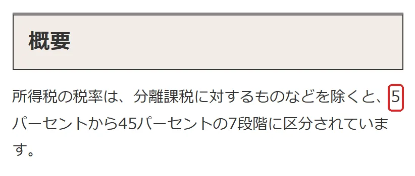 国税庁「No.2260 所得税の税率」の切り抜き。5の所を赤い枠で囲んでいます。