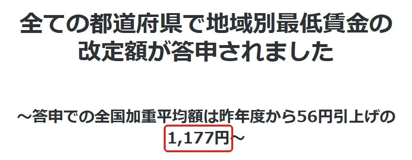 厚生労働省『全ての都道府県で地域別最低賃金の改定額が答申されました』令和8年度の切り抜き。1,177の所を赤い枠で囲んでいます。