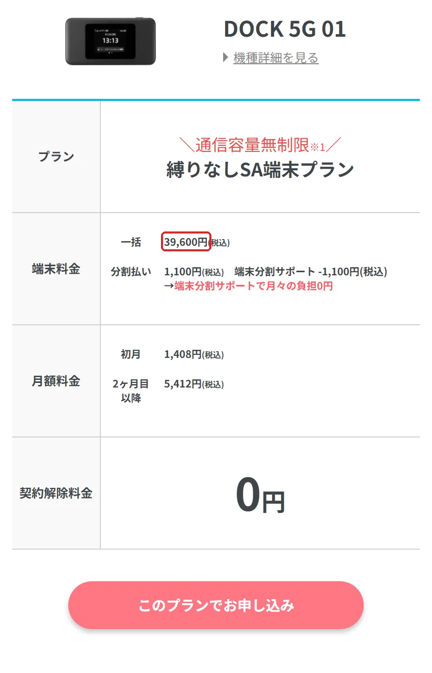 カシモWiMAX「WiMAX料金プラン一覧」の「DOCK 5G 01」の切り抜き。端末料金の39,600の所を赤い枠で囲んでいます。